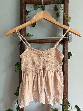 Women’s Beige Smocked Spaghetti Strap Top